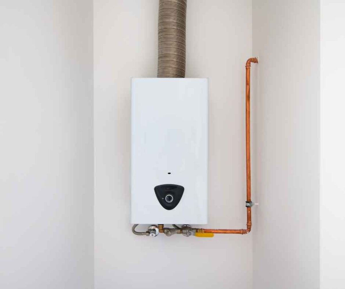 Tankless water heater on a wall of a home