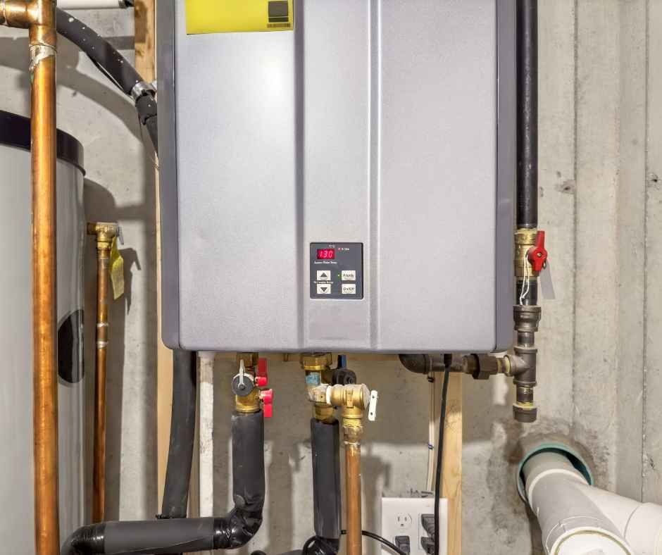Tankless water heater in a home basement