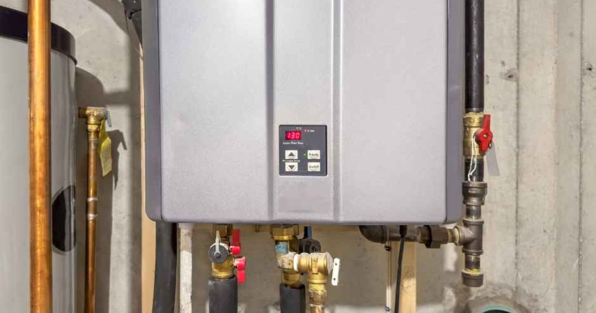 Tankless water heater in a home basement